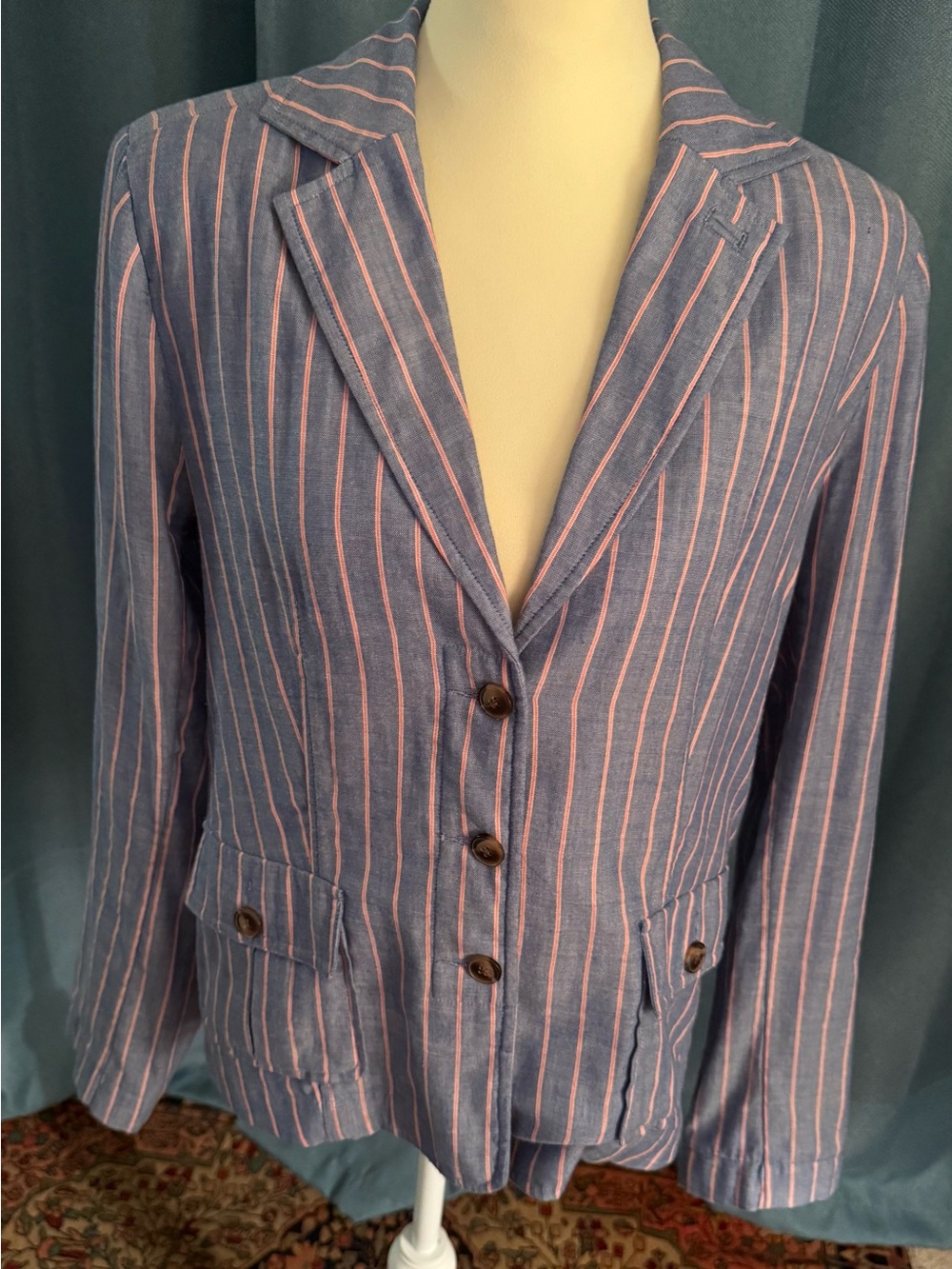 J. Peterman Blue Blazer with Pink Pinstripes